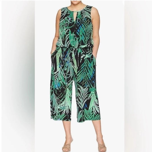0808 SIZE:16 LONDON TIMES GREEN&BLACK PALM LEAF PATTERN SLVLSS JUMPSUIT W/HALTER NECKLINE, CONCEALED BACK ZIPPER CLOSURE, KEYHOLE DETAIL, FLOUNCE TOP AND COOR BELT RTL:$39.99