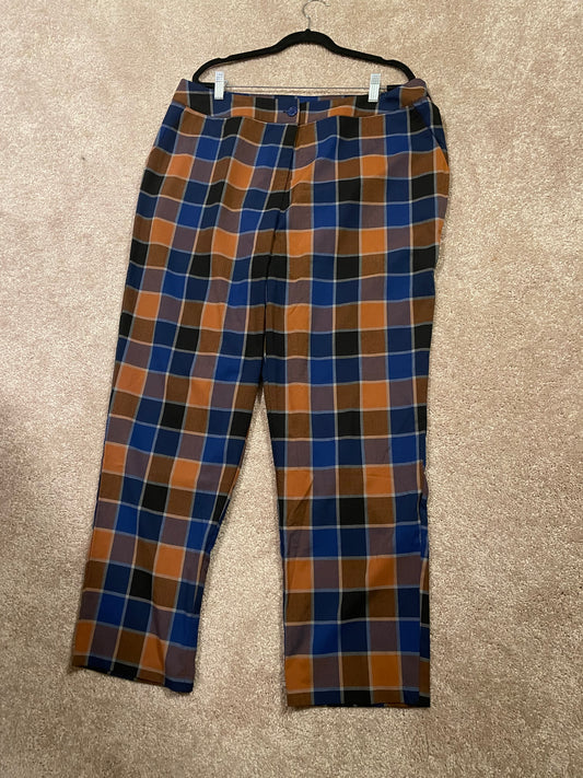 0809 SIZE:16 ASHLEY STEWART BLUE&BROWN PLAID TROUSERS W/FRONT BUTTON & ZIPPER CLOSURE AND SIDE POCKETS NWT RTL:$59.50