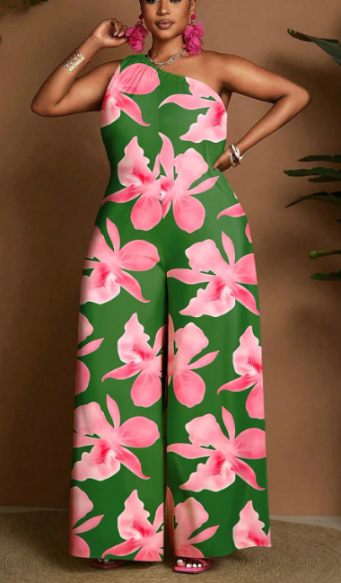 0412 GREEN & PINK FLORAL PATTERN ONE SHOULDER WIDE LEG JUMPSUIT NWT RTL:$28.99 **THIS ITEM WILL SHIP APPROX. 2 WEEKS FROM ORDER PLACEMENT**