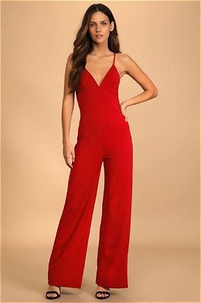 0808 SIZE:L PROLOGUE ROCOCCO RED SLVLSS JUMPSUIT W/V-NECK, SPAGHETTI STRAPS, V-BACK, WIDE LEG AND GATHERED BODICE NWT RTL:$49.99