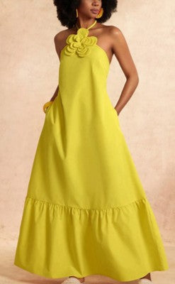0808 SIZE:XL SHEIN LEMON YELLOW HALTER SLVLSS  MAXI DRESS W/BACK TIE, SIDE POCKETS AND LARGE FLORAL EMBELLISHMENT AT NECKLINE
