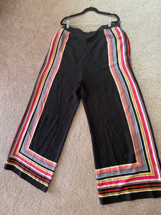 0809 SIZE:16 TRINA TURK BLACK WIDE LEG TROUSERS W/FLAT WAIST AND RAINBOW STRIPE ACCENTS AT SIDES AND HEM INSEAM:30" RTL:$238.00
