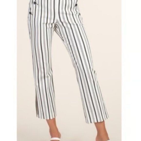 0810 SIZE:12 TRINA TURK WHITE&GRAY VERT STRIPE TROUSERS W/FLAT WAIST, SIDE ZIPPER CLOSURE, GRAY DECORATIVE BUTTONS, AND SIDE POCKETS RTL:$298.00