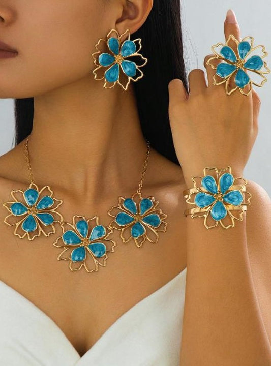 0412 TURQUOISE & GOLD EXAGGERATED FLORAL FOUR-PIECE SET: NECKLACE, ADJUSTABLE RING, CUFF, AND EARRINGS (PIERCED EARS) NWOT