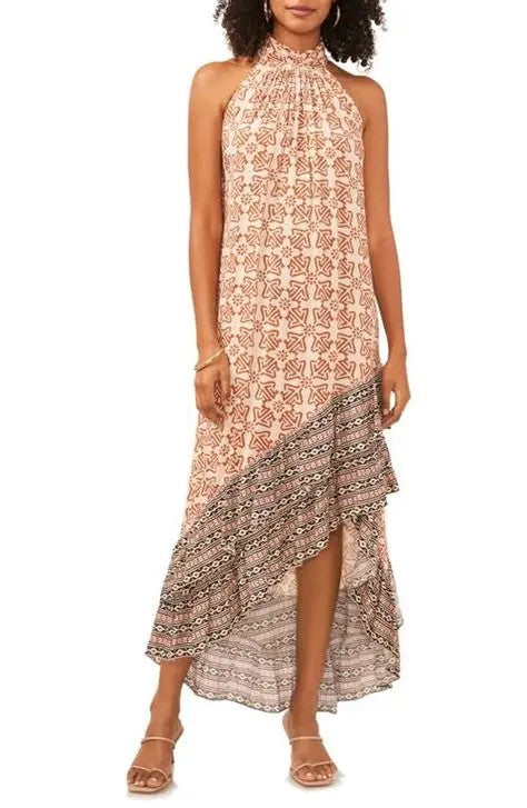 0808 SIZE:XL VINCE CAMUTO BROWN&WHITE "PLAYFUL PAISLEY" GEOMETRIC FLORAL PATTERN SLVLSS MAXI DRESS W/ASYMMETRICAL RUFFLED HEM, HIGH NECK AND BACK BUTTTON CLOSURE NWT RTL:$119.00