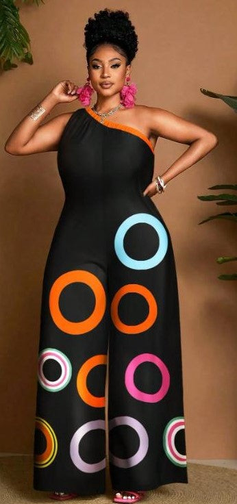 0822 SHEIN BLACK ONE SHOULDER JUMPSUIT W/ORANGE TRIM, WIDE LEG AND COLORED CIRCLE PATTERN