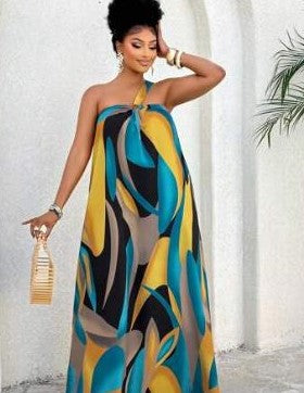 GREEN,GOLD,TAUPE&BLACK SWIRL PATTERN ONE SHOULDER MAXI DRESS WITH CIRCLET DETAIL NWT RTL:$29.99