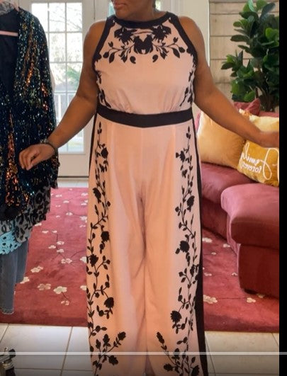 PINK & BLACK FLORAL PATTERN SLVLSS WIDE LEG JUMPSUIT W/BACK TIE