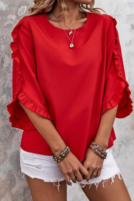 0822 SIZE:XL SHEIN RED 3/4 SLV BLOUSE W/BACK BUTTON CLOSURE, SCOOP NECK AND RUFFLE DETAILS AT SLEEVES NWOT
