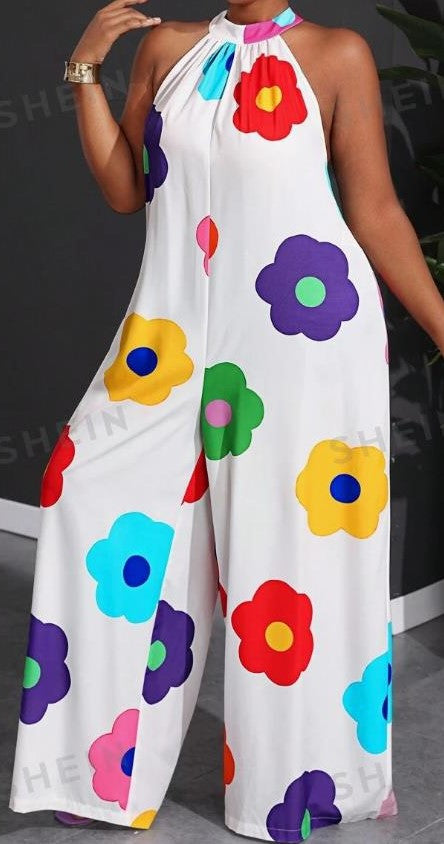 0726 WHITE RETRO PATTERN HALTER SLVLSS WIDE LEG JUMPSUIT W/BACK BUTTON CLOSURE  NWOT RTL:$49.99