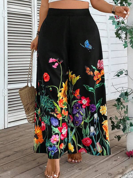 BUTTERFLY GARDEN WIDE LEG PALAZZO PANTS WITH ELASTIC BACK WAIST, FLAT FRONT WAIST AND SIDE ZIPPER CLOSURE