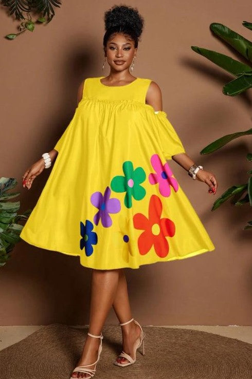 0822 SIZE:1XL SHEIN SUNSHINE YELLOW RETRO FLORAL PATTERN COLD SHOULDER MINI DRESS W/RUFFLE DETAIL AT BODICE NWT