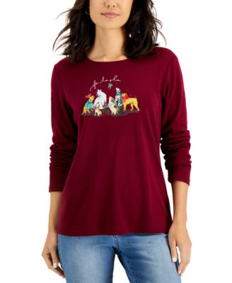 1206 SIZE:L KAREN SCOTT BLACK LNG SLV BLOUSE W/FA-LA-LA AND DOGS NWT RTL:$36.50 ***ONLY COLOR: BLACK IS AVAILABLE | BURGUNDY COLOR SHOWN FOR REFERENCE***